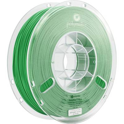 Bobine de filament vert en acide polylactique (PLA) de Polymaker pour imprimante 3D. Un boîtier transparent permet de visualiser la couche de filament.