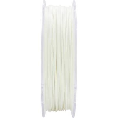 Une bobine de filament blanc pour imprimante 3D, photographiée de côté. Le filament est enroulé uniformément sur la bobine transparente.