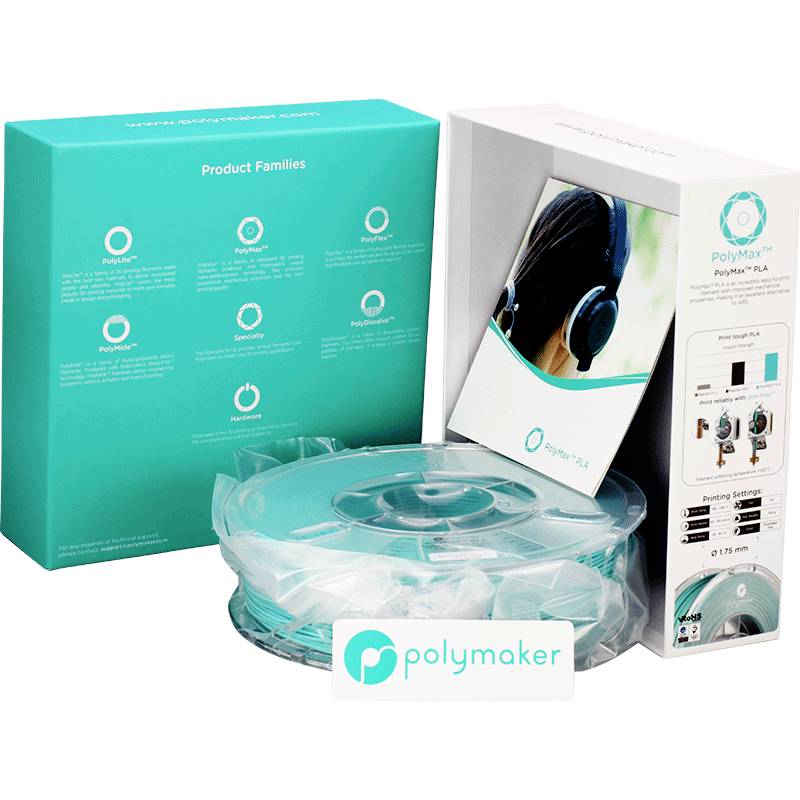 Filament d'imprimante 3D de Polymaker en turquoise transparent, conditionné dans un boîtier blanc. Utilisé pour des impressions précises et stables.