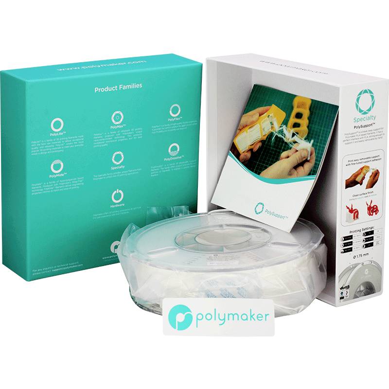 Emballage d'un matériau d'impression 3D Polymaker, montrant les familles de produits et un bobineau de filament transparent.