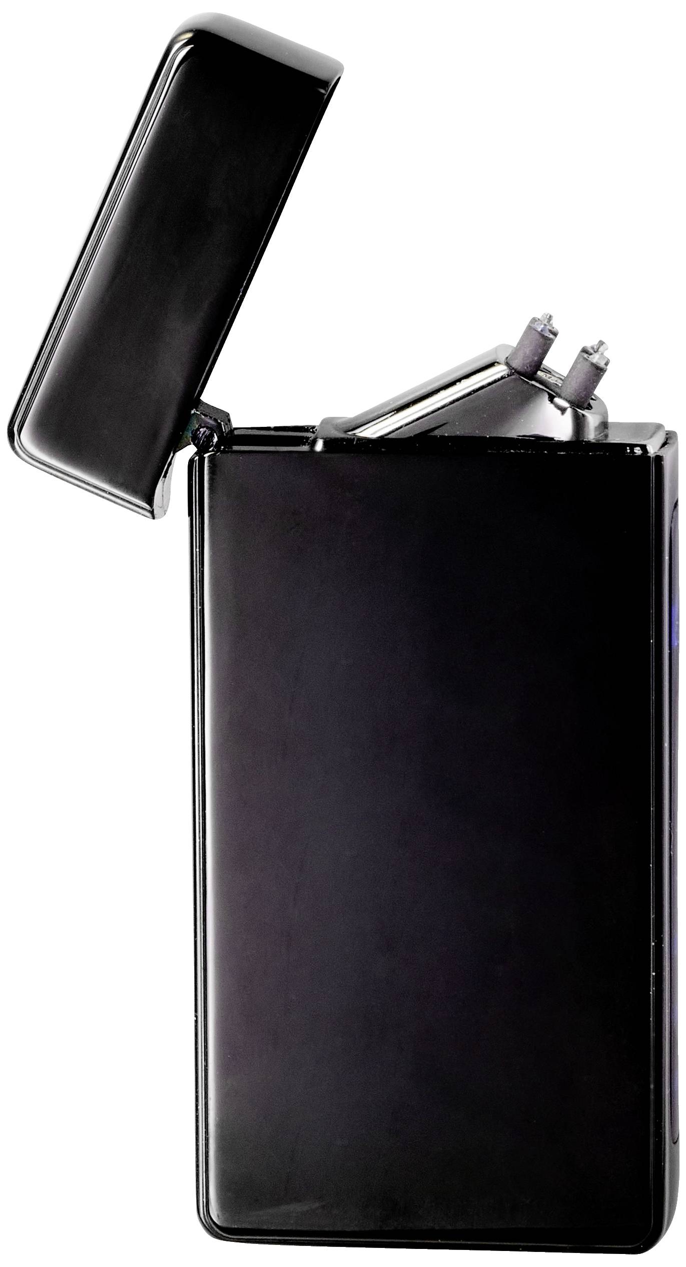 Un briquet noir, rectangulaire, avec deux électrodes visibles et le couvercle ouvert.