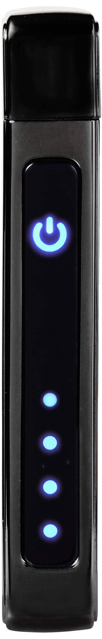 Appareil électronique avec un bouton lumineux bleu et quatre voyants d'état bleus, probablement un gadget rechargeable.