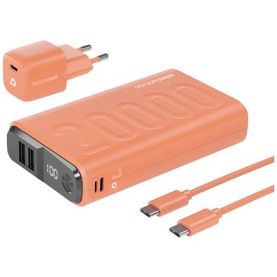 Batterie externe orange de 20 000 mAh, avec ports USB et affichage numérique. Inclus : chargeur et câble USB-C.