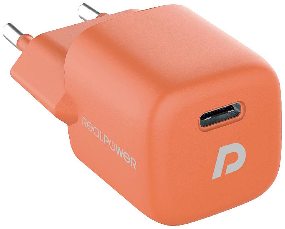 Un chargeur USB orange avec une fiche européenne, portant la marque 'RealPower'.