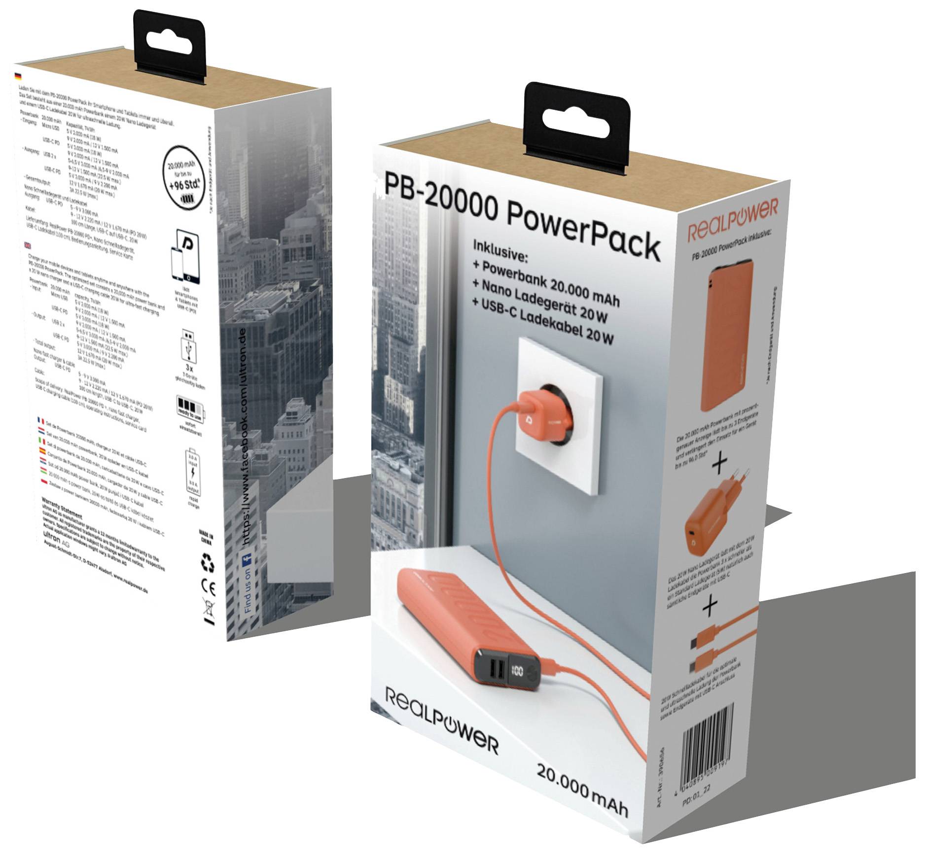 'RealPower PB-20000 PowerPack' Emballage avec une image d'une batterie externe branchée à une prise électrique. Capacité : 20 000 mAh. Comprend la batterie externe et un câble de charge USB-C.