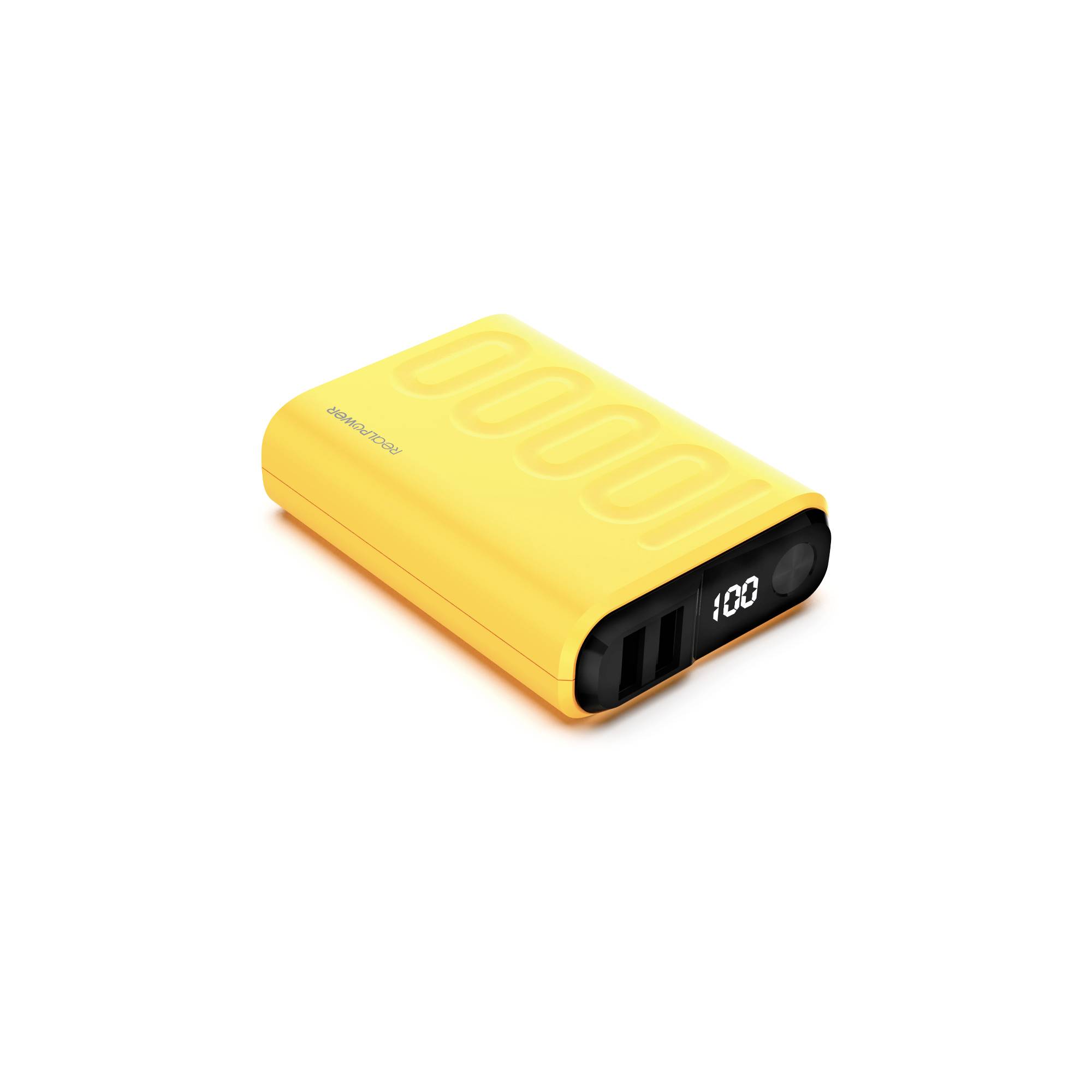 Une batterie externe jaune avec un affichage numérique de charge indique un niveau de batterie de 100 pour cent. Elle dispose de deux ports USB.