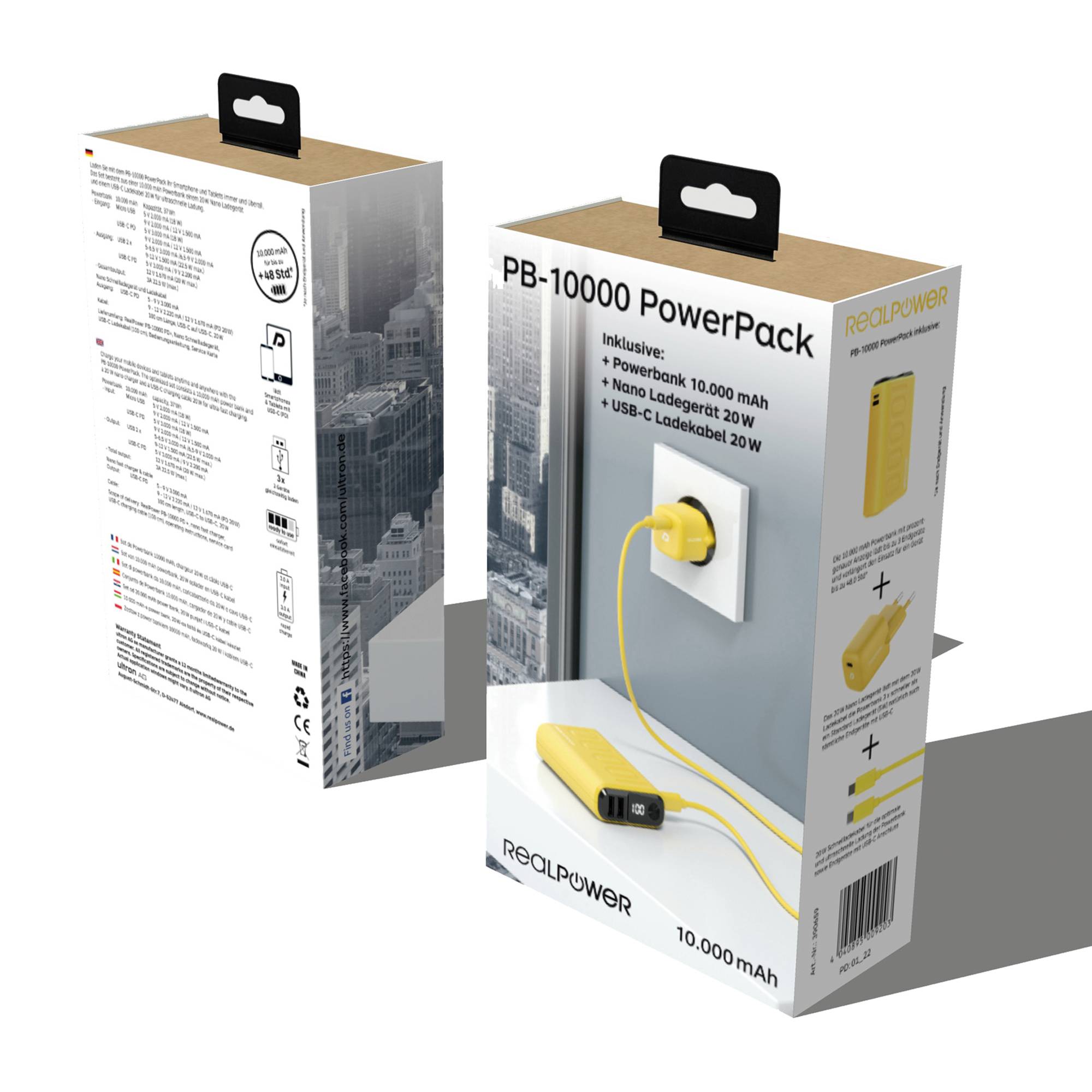 Emballage externe d'un PowerPack de 10 000 mAh, comprenant la batterie externe, un câble USB-C et un adaptateur de charge.