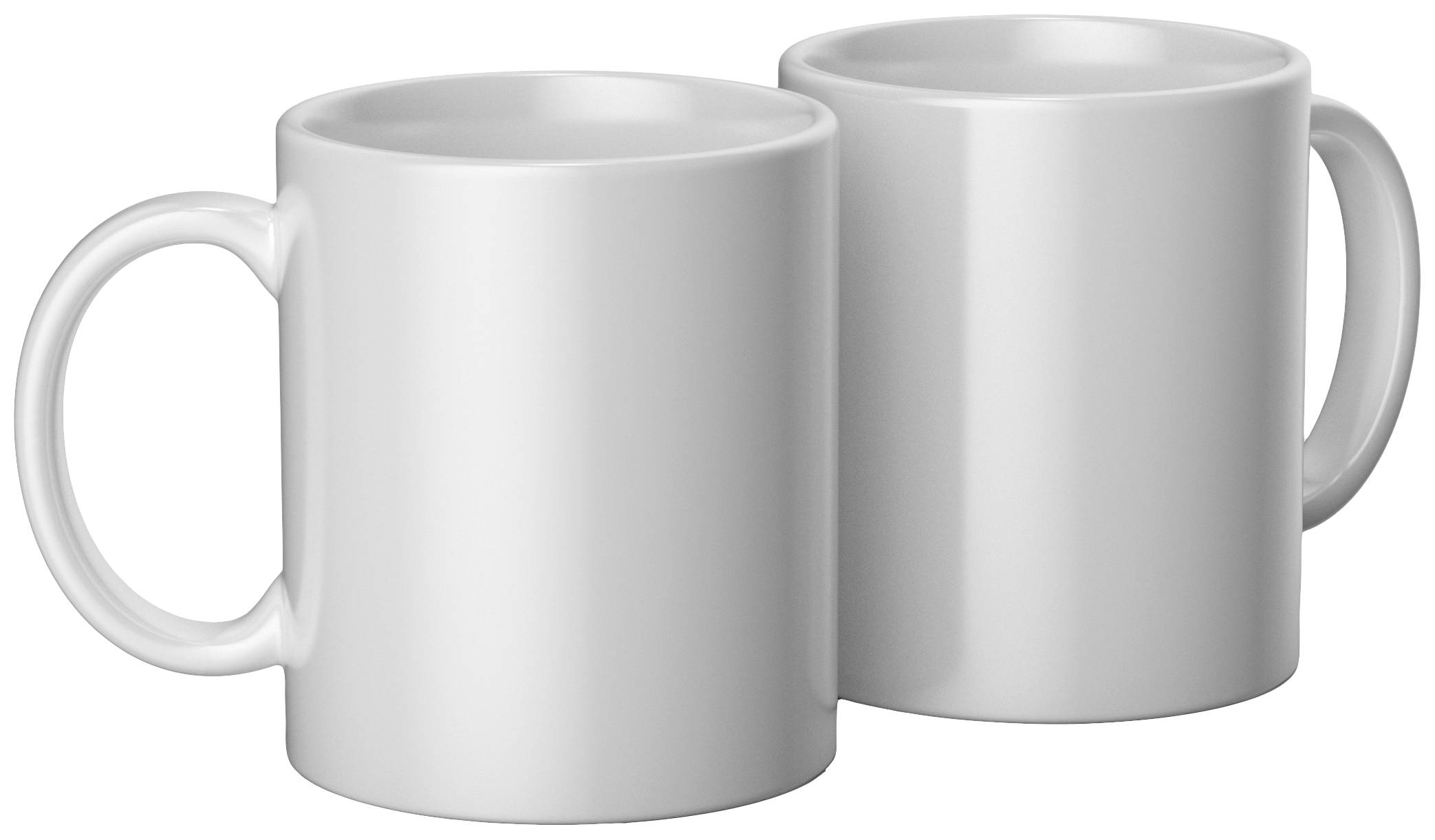 Deux tasses blanches côte à côte sur un fond blanc, avec une forme classique simple et une anse.