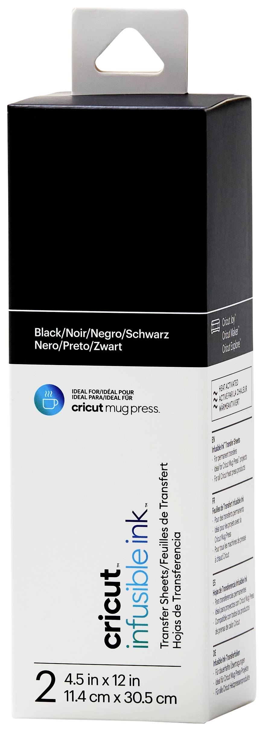 Boîte d'encre Infusible Ink de Cricut, Noir. Dimensions : 11,4 cm x 30,5 cm. Compatible avec la Cricut Mug Press.