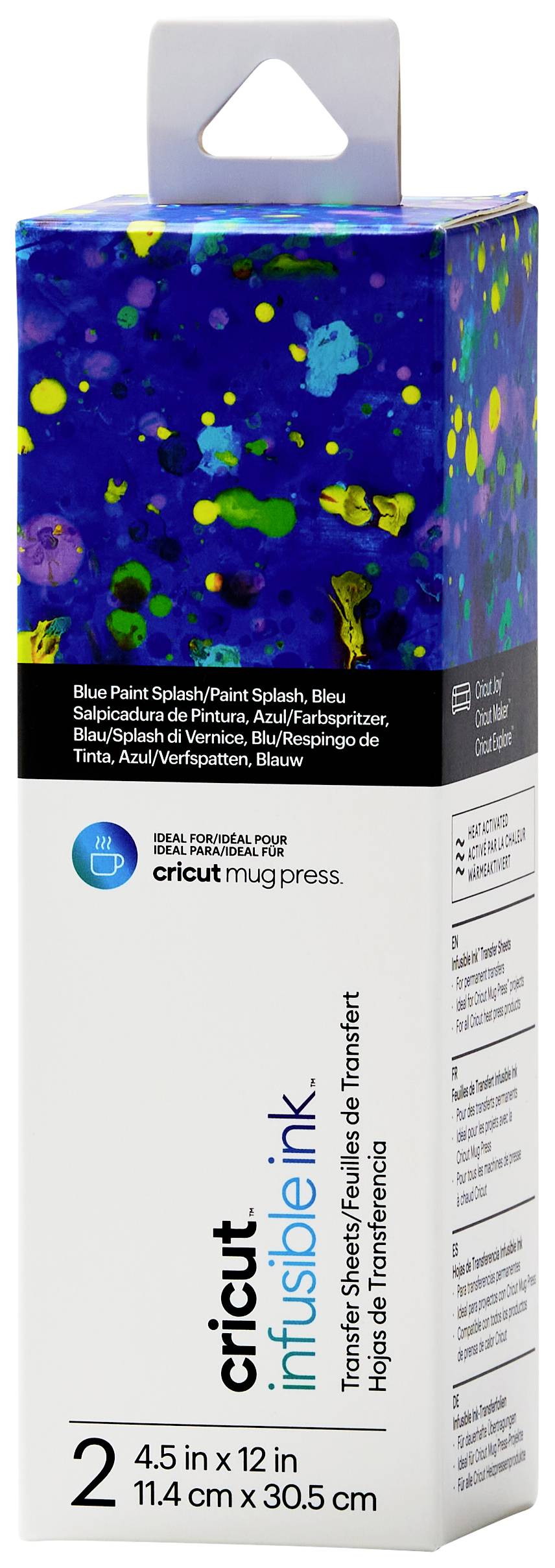 Fond éclaboussure de couleur bleue avec emballage blanc 'Cricut Infusible Ink' pour presse à mugs, 2 bandes, 11,4 x 30,5 cm.
