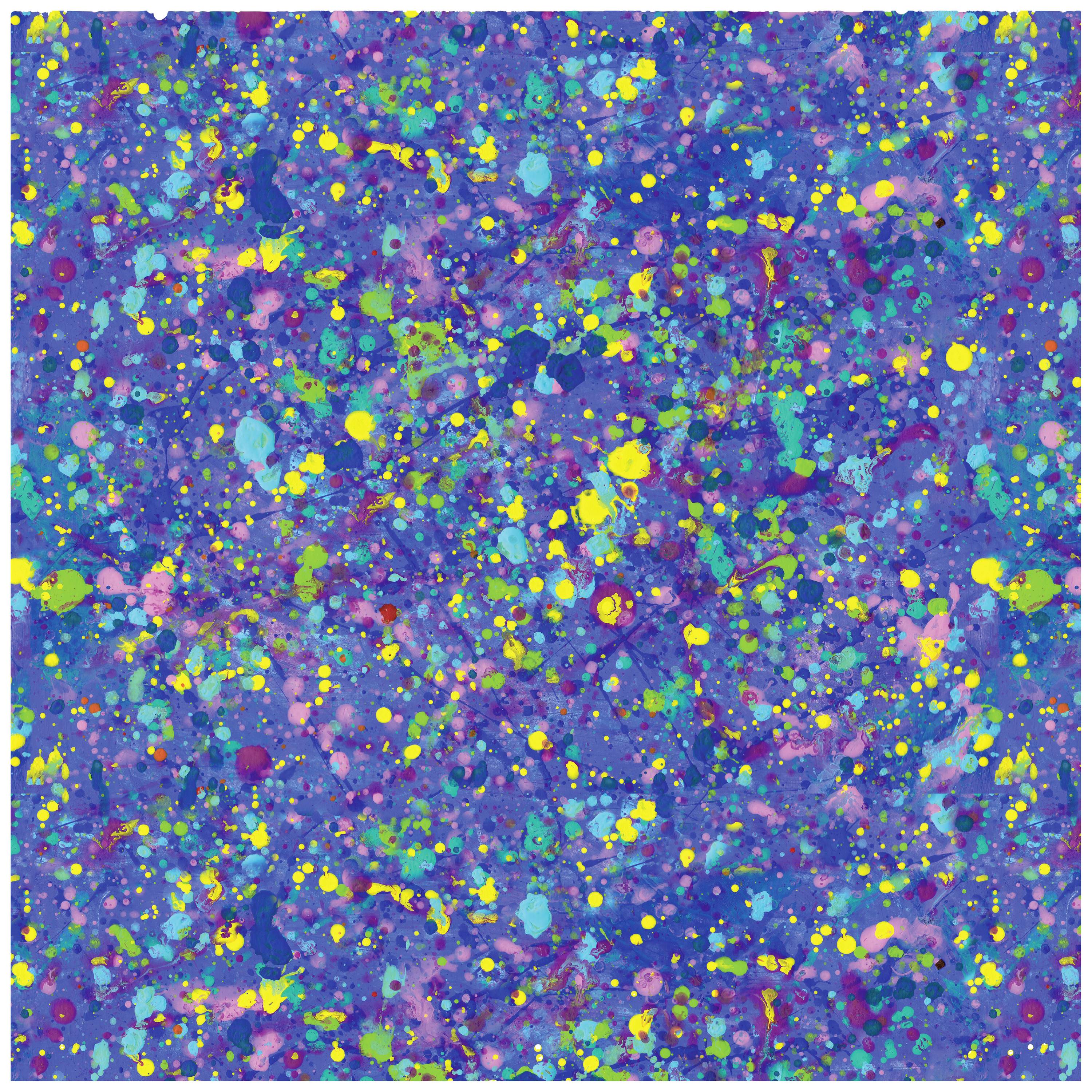 Des éclaboussures de couleurs abstraites en bleu, vert, jaune et rose sur un fond bleu forment un motif vif et chaotique.