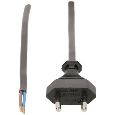 Fiche électrique noire bipolaire avec extrémités de câble dénudées, adaptée pour 250V, 2,5A, modèle 'ETM S'.