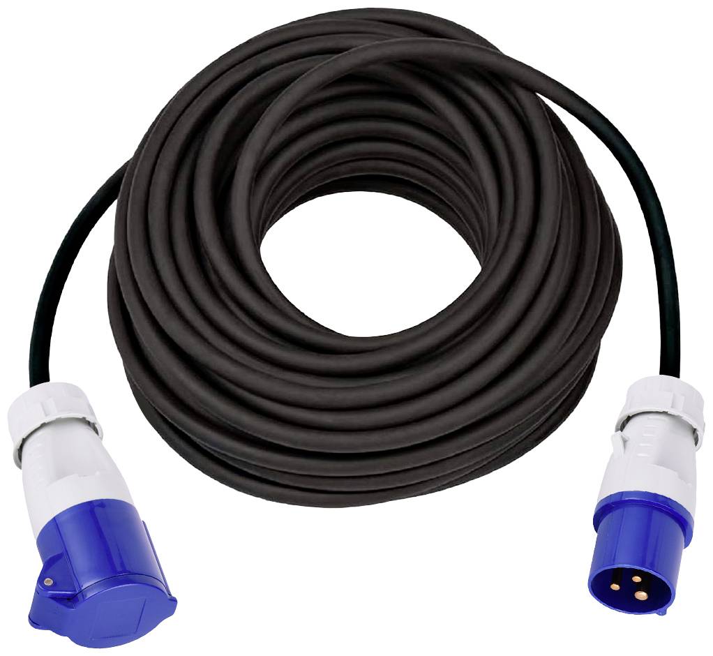Un long câble de rallonge noir avec des connecteurs industriels bleus et blancs à ses extrémités, enroulé pour le rangement.