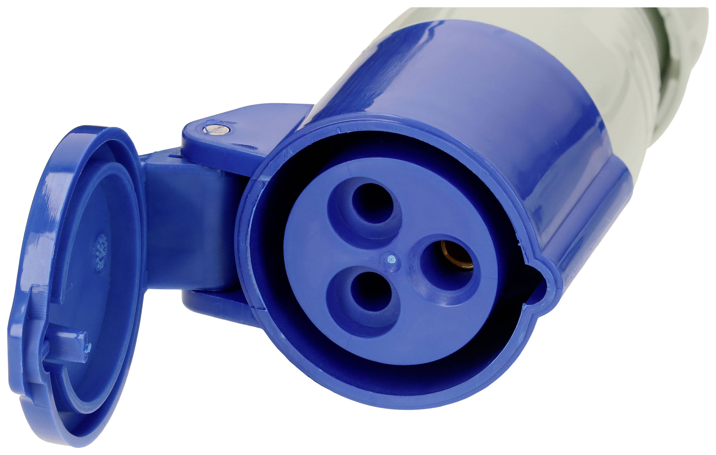 Une fiche bleue tripolaire avec couvercle ouvert, destinée aux connexions électriques dans des applications industrielles.