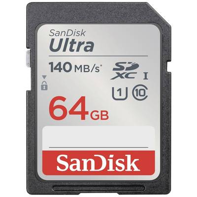 Carte SD avec étiquette 'SanDisk Ultra'. Vitesse de 140 Mo/s, mémoire de 64 Go. Compatible avec les appareils SDXC.
