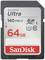 Carte SD avec étiquette 'SanDisk Ultra'. Vitesse de 140 Mo/s, mémoire de 64 Go. Compatible avec les appareils SDXC.
