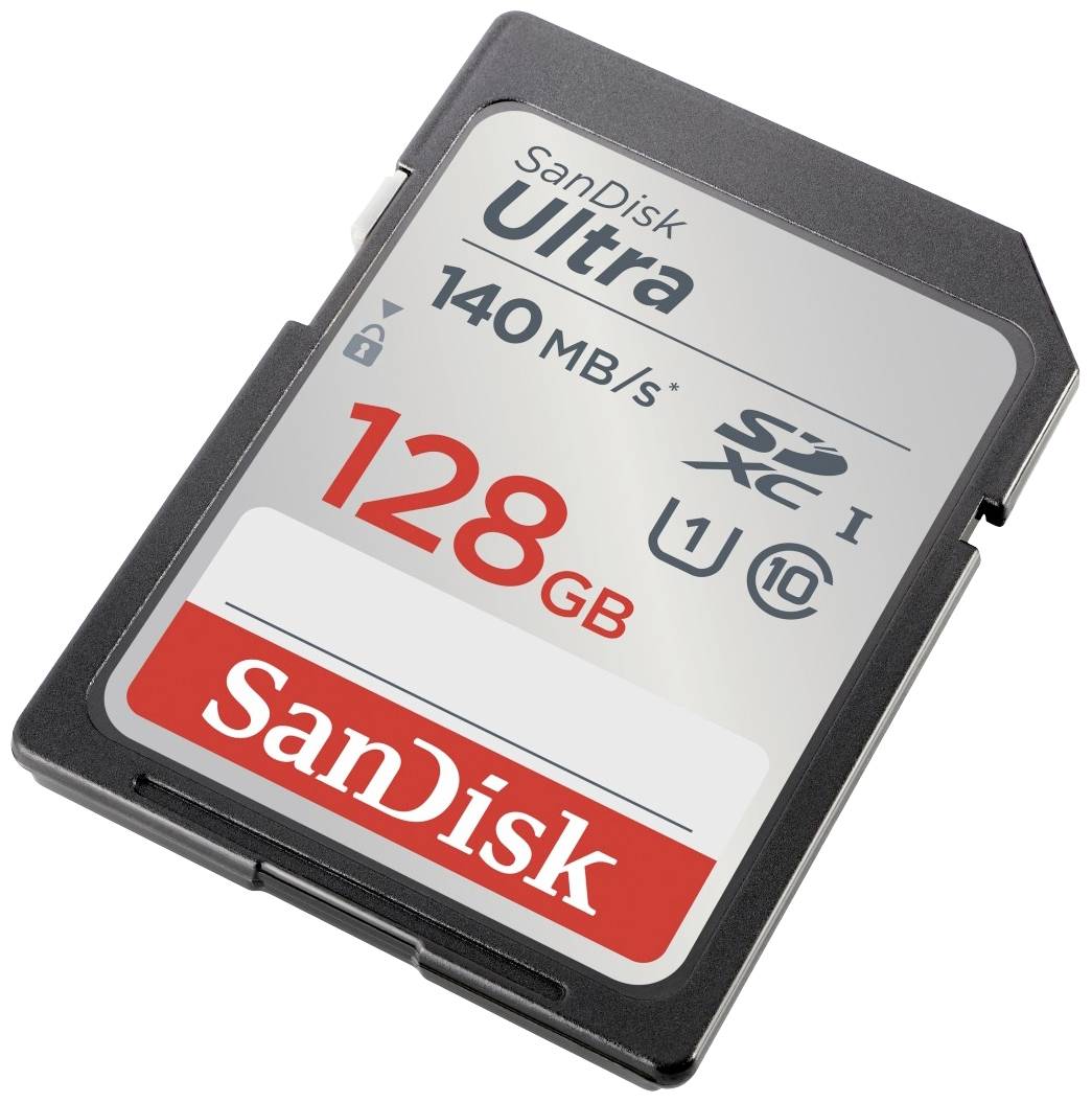 Carte mémoire SanDisk de 128 Go avec une vitesse de lecture de 140 Mo/s. Modèle 'Ultra' aux spécifications SDHC/UHS-I.
