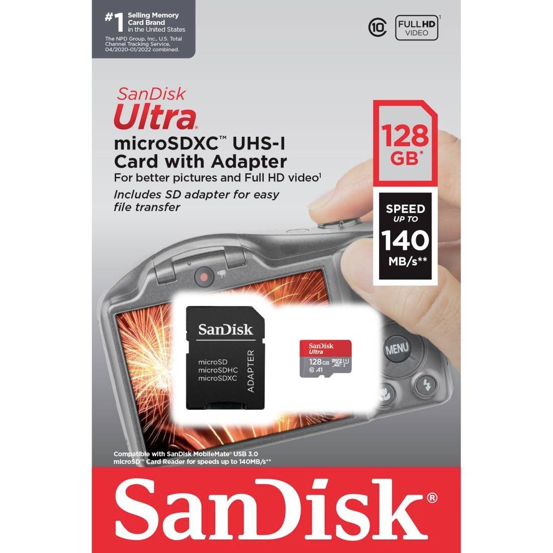 Carte microSDXC SanDisk 128 Go avec adaptateur, transfert jusqu'à 140 Mo/s. Adaptée aux enregistrements vidéo Full HD et aux transferts de données rapides.