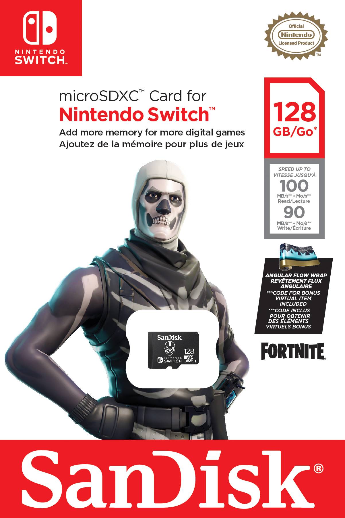 Carte microSDXC SanDisk 128 Go pour Nintendo Switch avec illustration d'un personnage de jeu. Indications sur la vitesse de lecture et la compatibilité.