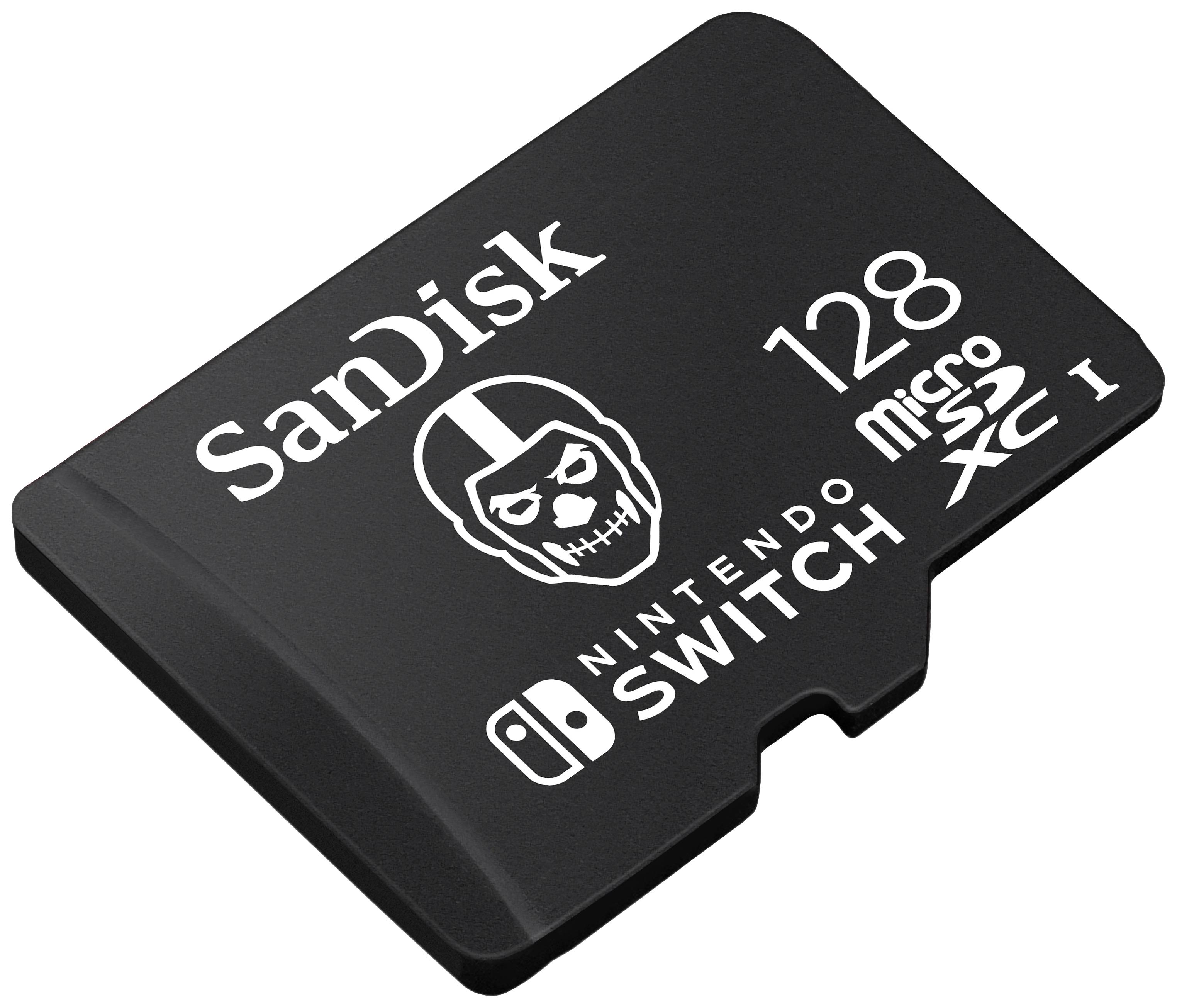 Une carte microSDXC SanDisk noire de 128 Go, estampillée 'Nintendo Switch' avec un logo en forme de crâne, est posée sur le côté.