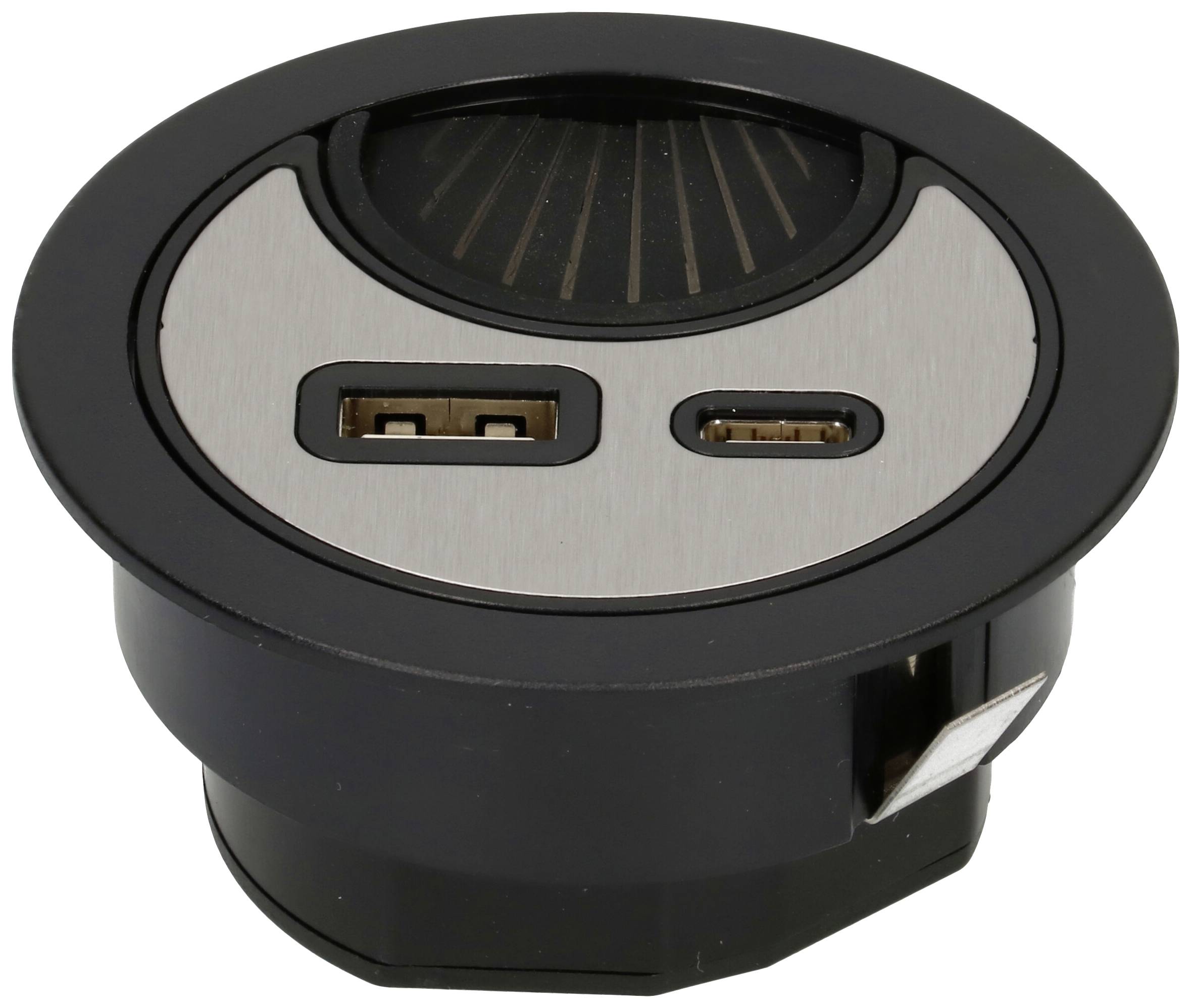 Boîtier de raccordement rond avec cellule solaire et deux ports USB pour l'alimentation électrique ou la recharge d'appareils.