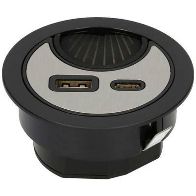 Boîtier de raccordement rond avec cellule solaire et deux ports USB pour l'alimentation électrique ou la recharge d'appareils.