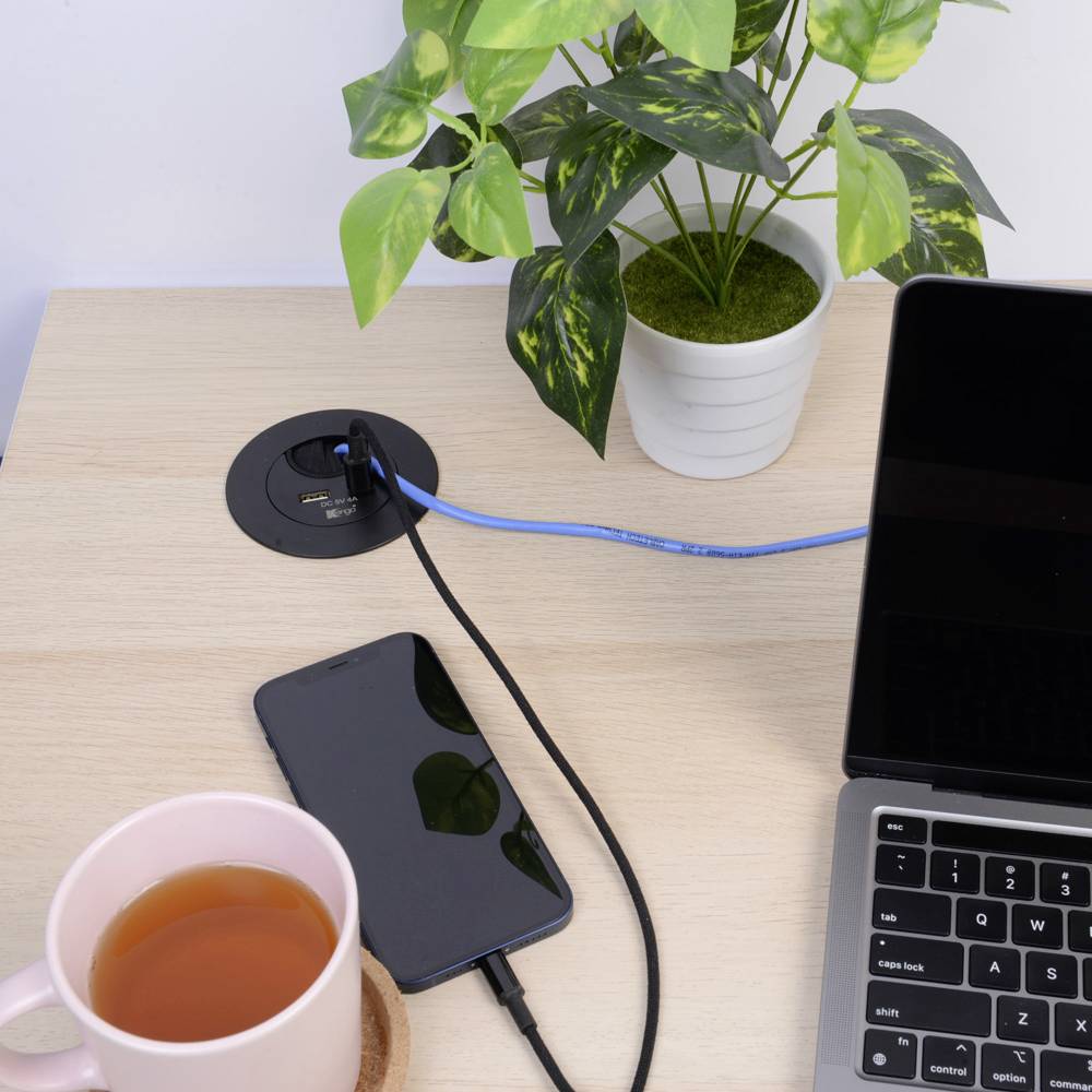 Ordinateur portable sur une table avec une tasse de thé, un smartphone et une plante en pot.