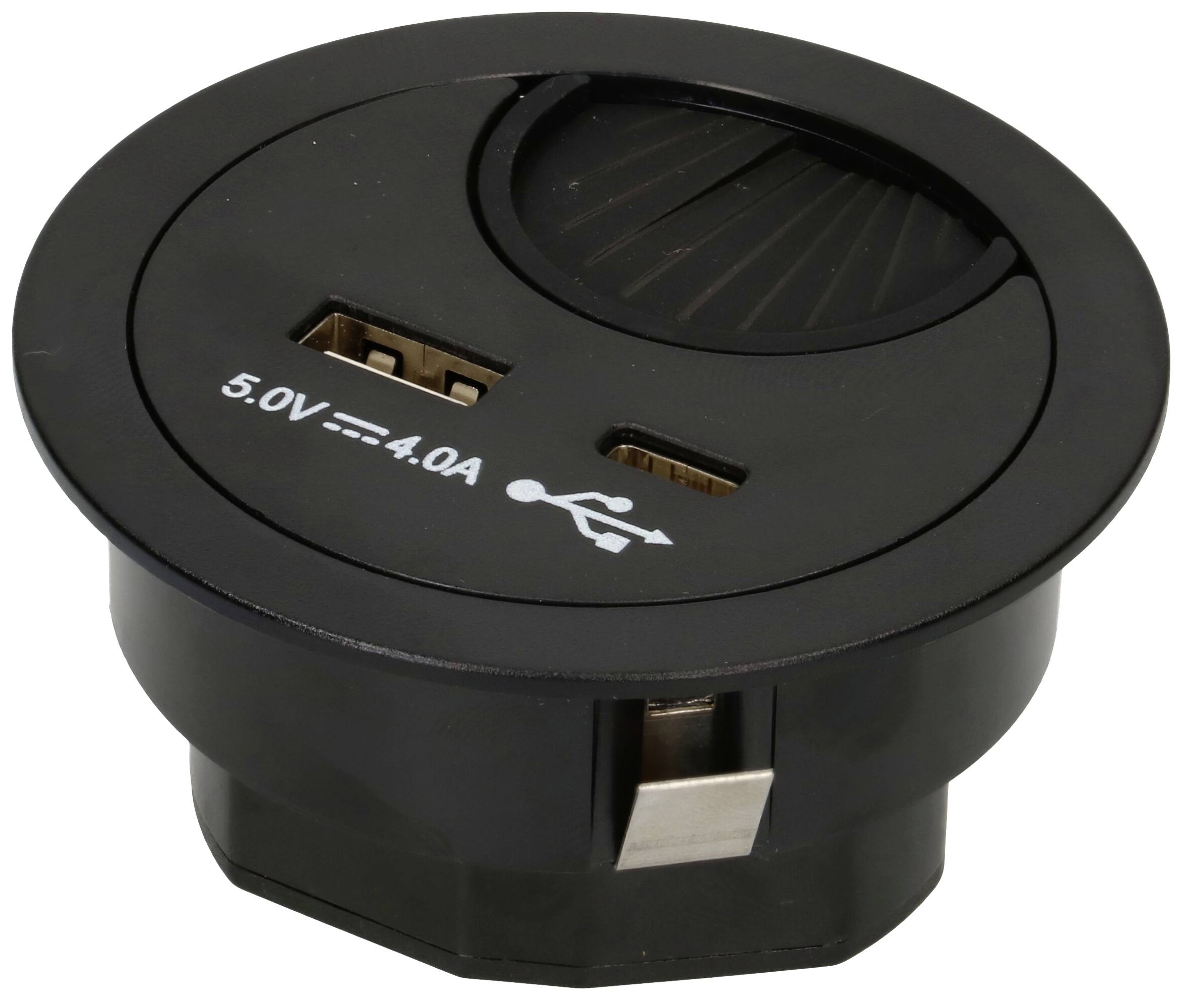 Hub USB de table noir avec deux ports, portant l'inscription imprimée '5,0V ⎓ 4,0A' indiquant ses spécifications techniques.