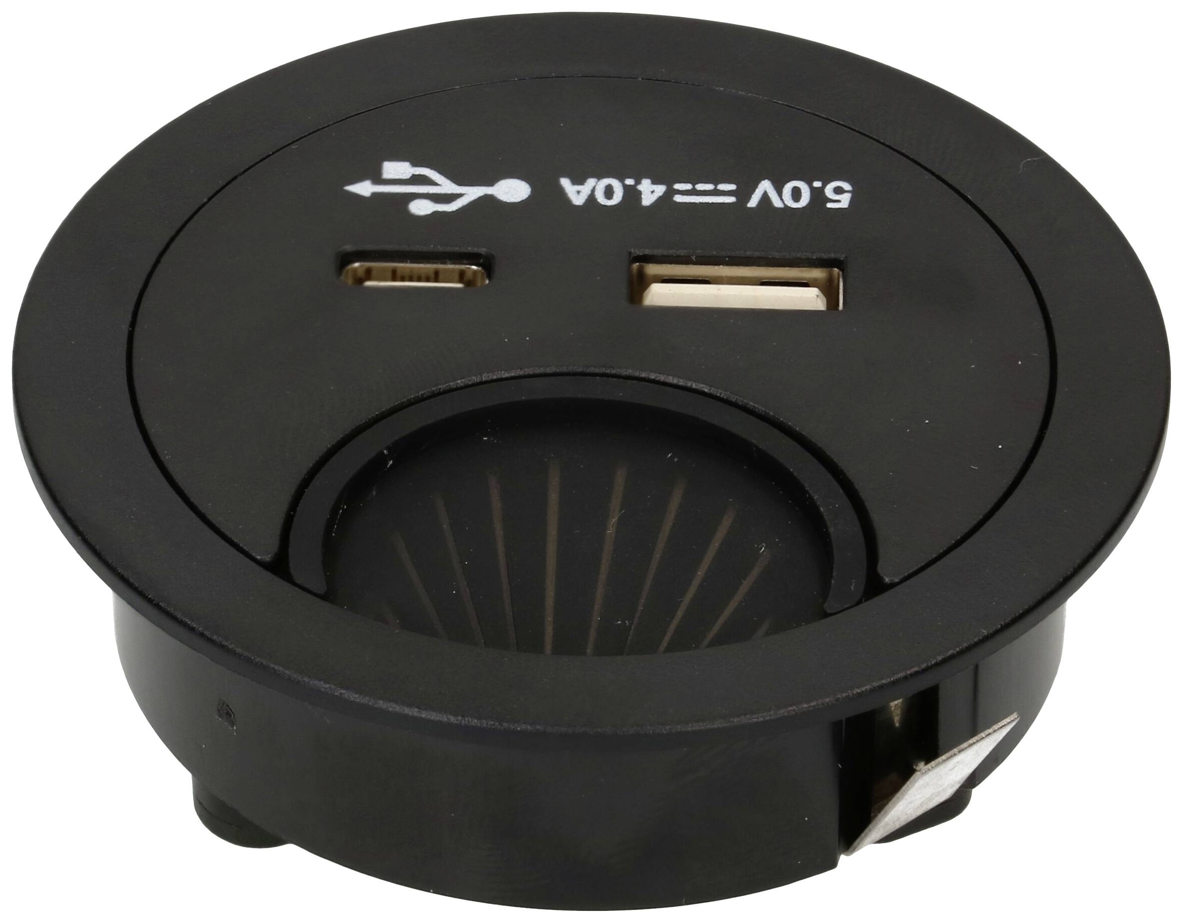 Chargeur USB noir rond avec deux ports et l'inscription '5,0V == 4,0A'.