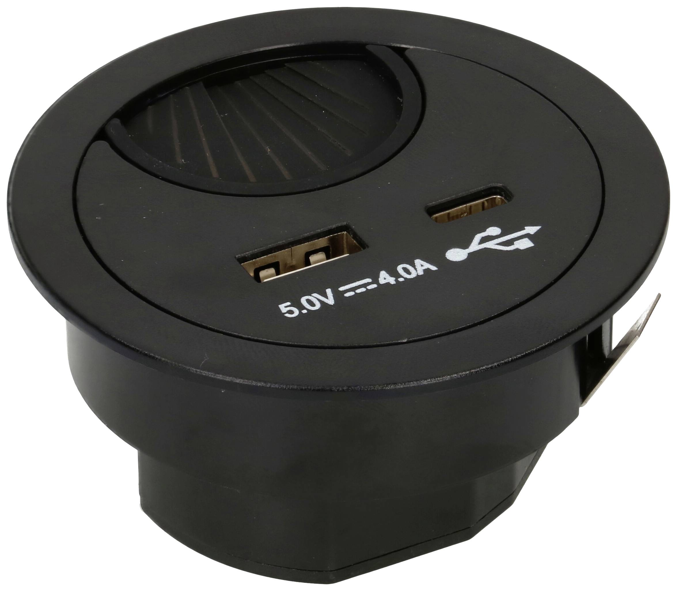 Prise USB ronde noire avec deux ports, marquée 5,0V–4,0A, adaptée à l'installation dans des meubles ou des bureaux.