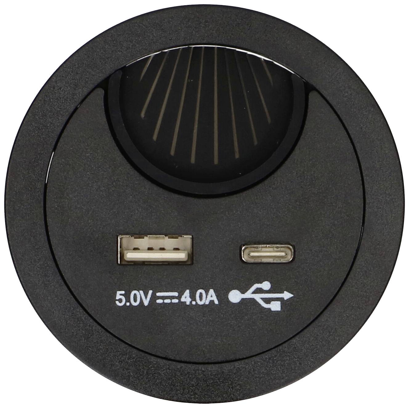 Port de charge USB avec deux types : USB-A et USB-C. L'étiquette indique un chargement compatible à 5,0V et 4,0A.