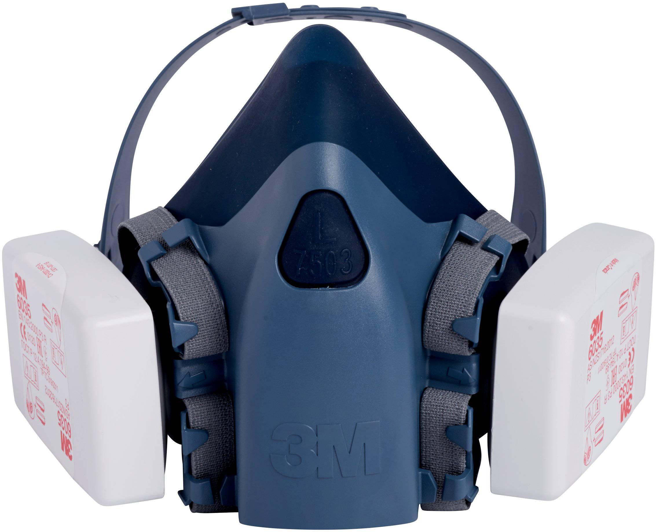 Masque anti-poussière avec deux filtres blancs, dispositif de maintien bleu marine. Pour la protection contre les particules et les polluants.