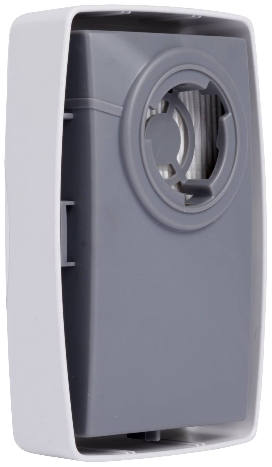 Boîtier en plastique gris avec des ouvertures, probablement un élément d'un dispositif technique ou d'un boîtier, posé isolément sur un fond blanc.