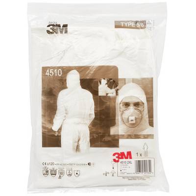 Emballage d'une combinaison de protection 3M '4510 2XL'. Personne représentée portant un masque de protection. Application typique : protection contre les substances dangereuses.