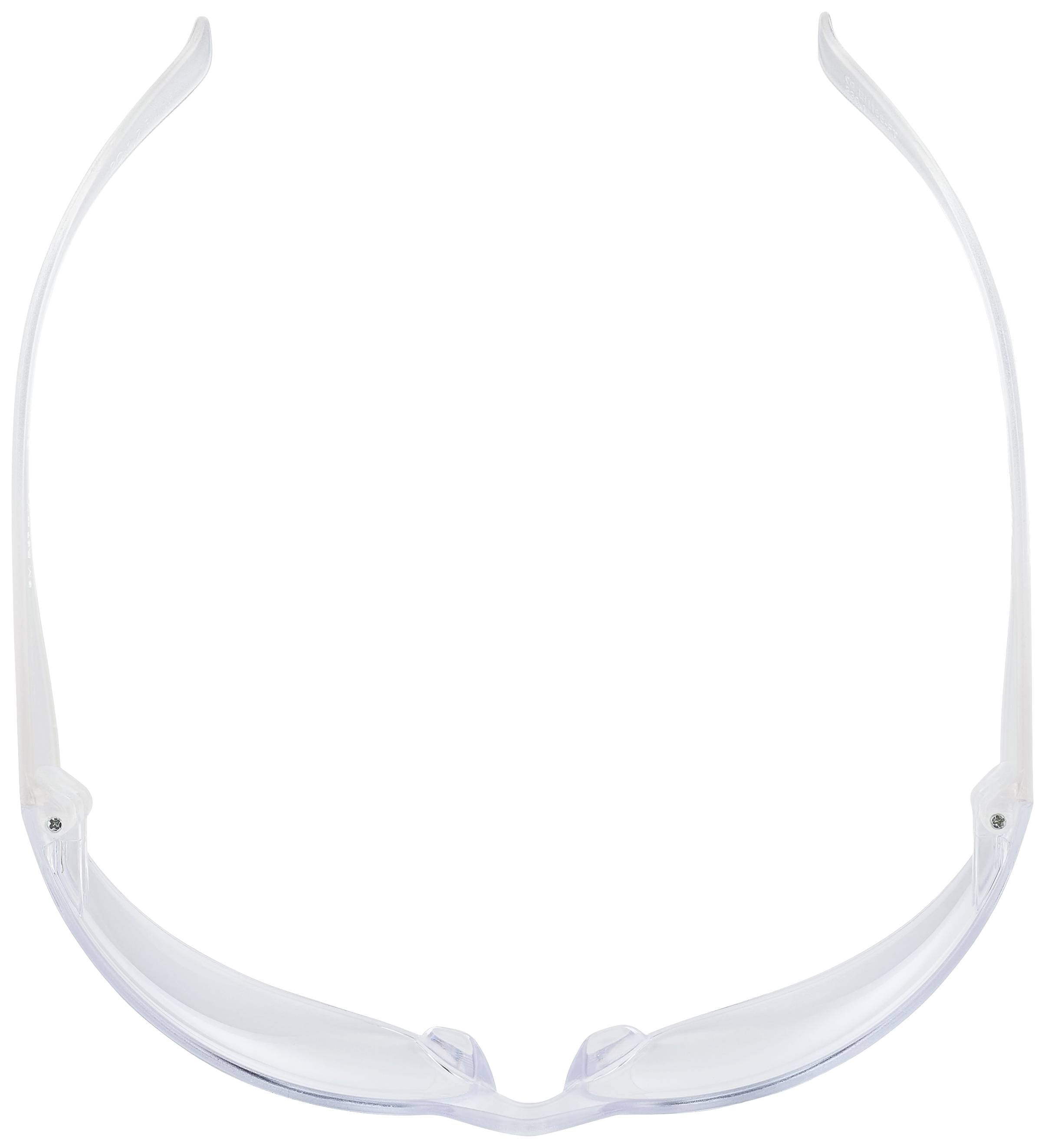 Une paire de lunettes de protection transparentes en plastique, vue de dessus. Idéale pour protéger les yeux lors de travaux manuels.