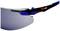 Des lunettes de protection noires avec des accents bleus et le logo rouge de la marque. Les verres sont teintés.