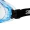 Lunettes de protection en gros plan : Lentille transparente avec monture bleue et bandeau ajustable noir. Adaptées aux environnements de travail et de laboratoire.