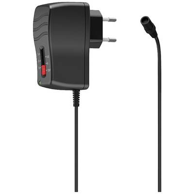 Adaptateur secteur noir avec fiche européenne et tension réglable, affichant quatre réglages de tension entre 3V et 12V.