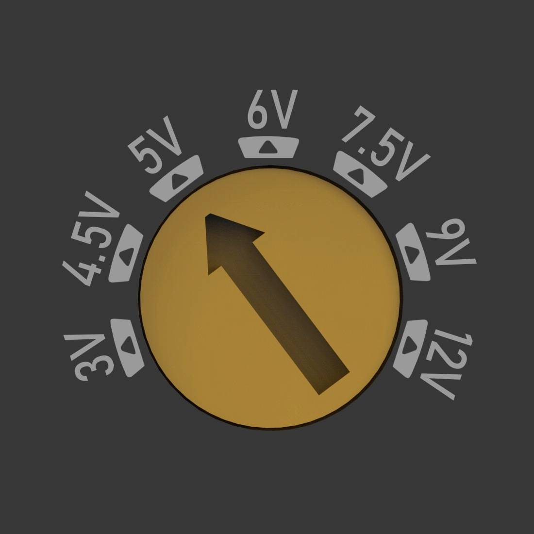 Un cadran avec une flèche pointe sur 6 V. Les options de tension vont de 3 V à 12 V par paliers de 1,5 V.