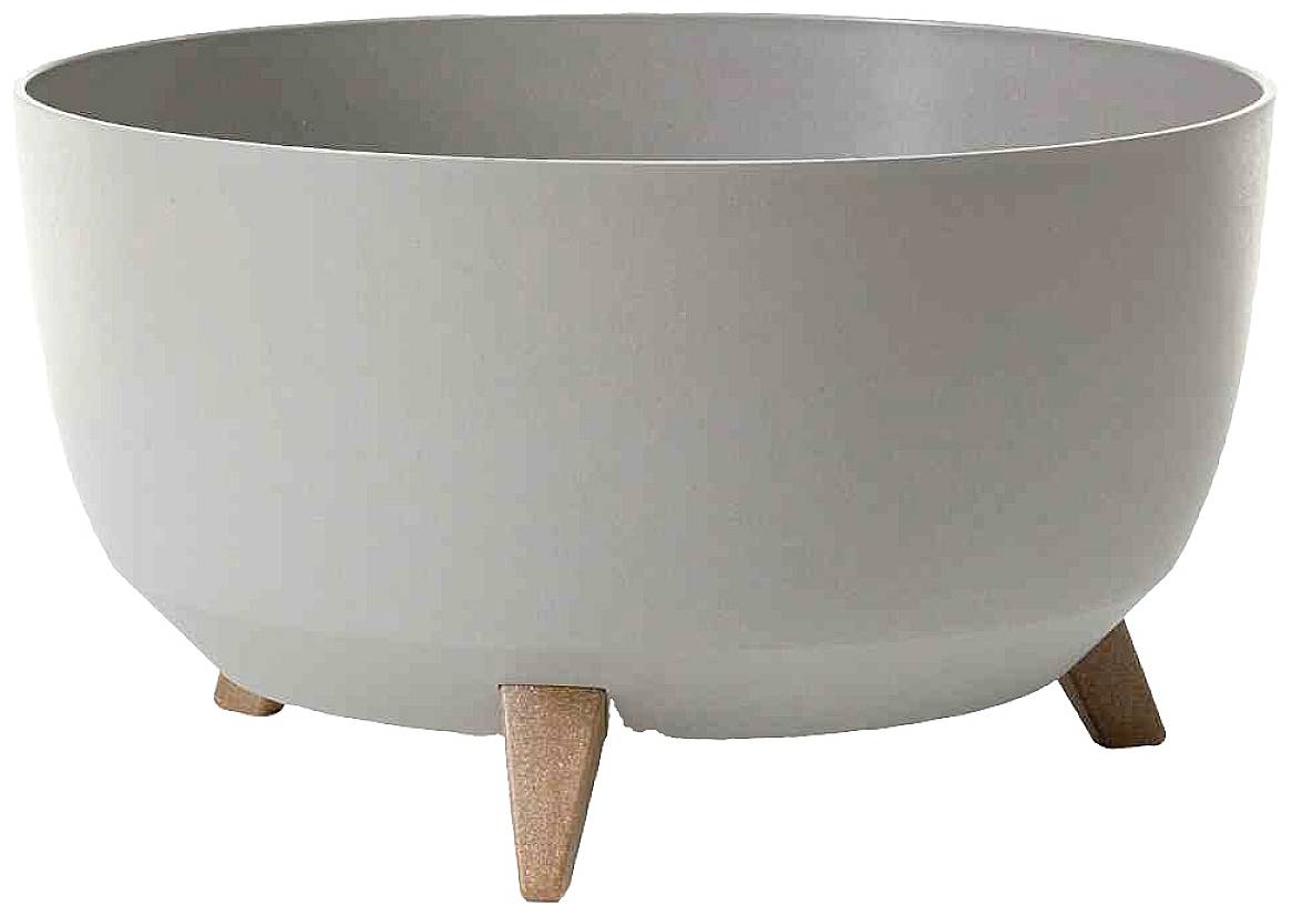 Pot de fleurs rond gris avec trois petites jambes en bois, adapté à la décoration intérieure ou extérieure.