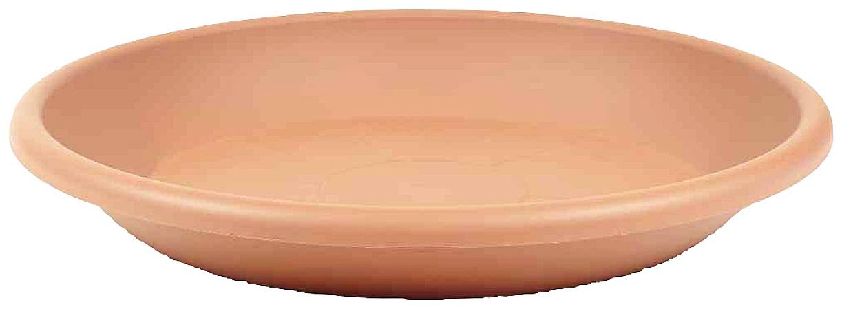 Soucoupe de pot de fleur plate, ronde et brunâtre en plastique, adaptée pour recueillir l'eau en excès.