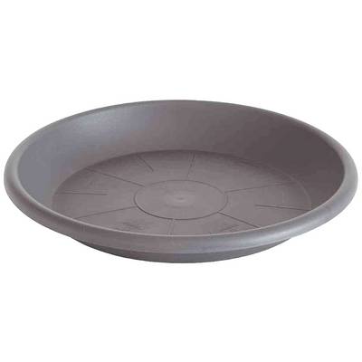 Un plateau rond, plat et brun en plastique avec des marques en creux à l'intérieur. Adapté comme dessous de plat pour casseroles.