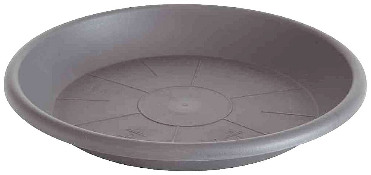 Soucoupe ronde et plate de couleur grise, à bord légèrement surélevé, adaptée comme support pour pot de plante.