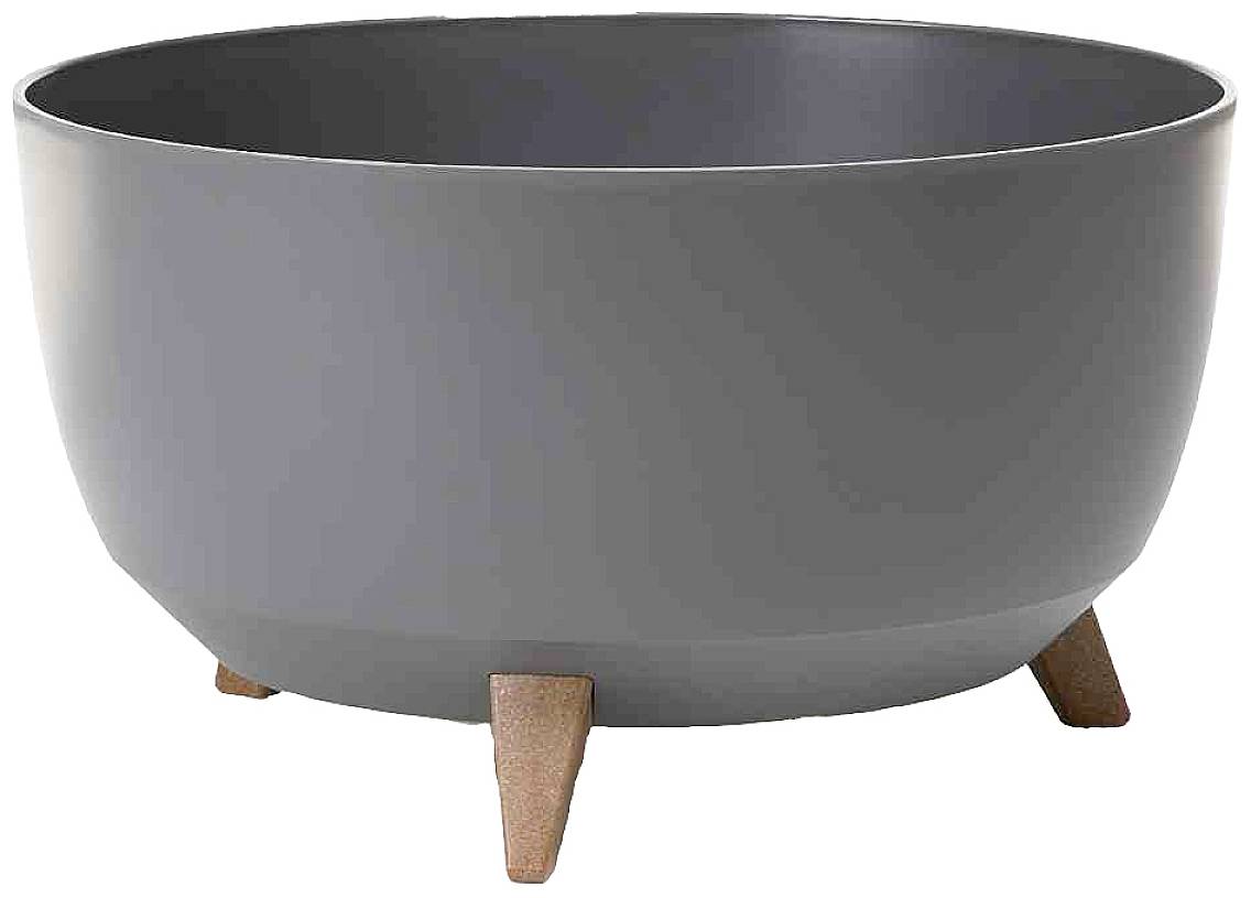 Pot de fleurs gris au design rond, reposant sur trois petites pattes en bois.