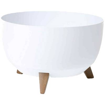 Coupe blanche semi-circulaire reposant sur trois courtes pattes en bois. Convient comme pot de plantation ou élément décoratif pour les espaces intérieurs.