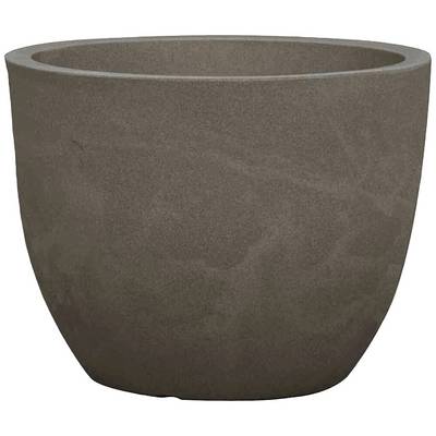 Un pot de fleurs en céramique, rond, vide et de couleur marron.