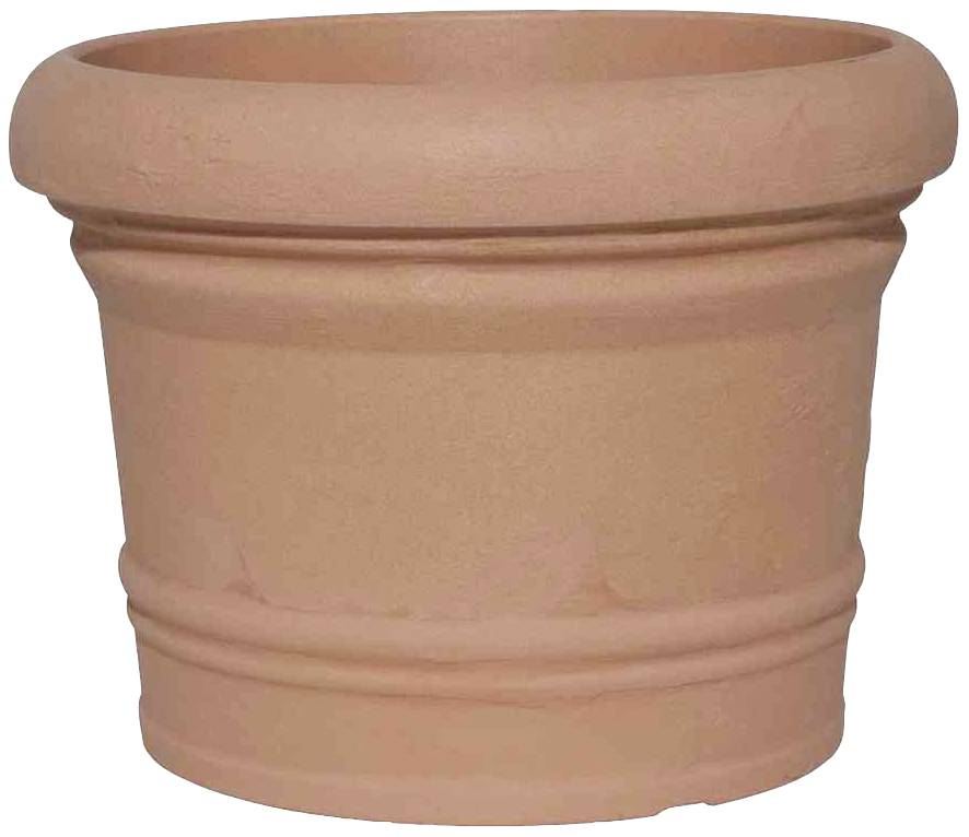 Un pot de fleurs en terre cuite simple, vide, avec un bord arrondi et des décorations sobres.