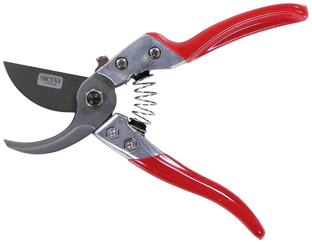 Sécateur rouge avec lames en acier et mécanisme à ressort, adapté pour la coupe des branches et des plantes.