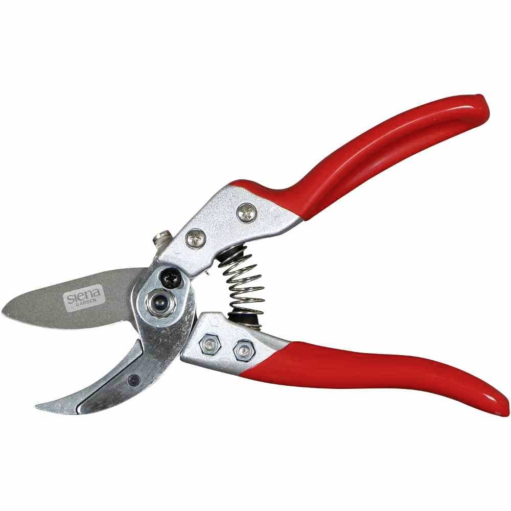 Ciseau de jardin métallique rouge avec mécanisme à ressort, adapté pour la taille des branches et des tiges de plantes.