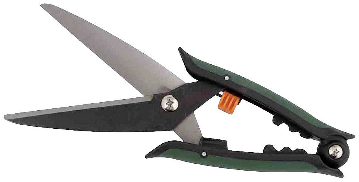 Sécateur avec manche vert, noir et orange, ouvert, adapté pour couper des haies ou de petites branches.
